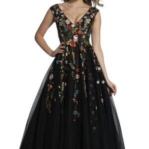 Dave & Johnny Black Tulle Prom Gown with Multicolor Floral Embroidery